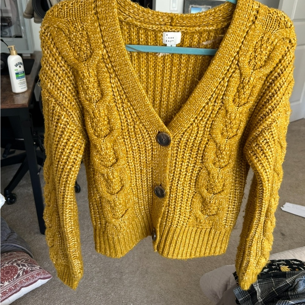 A New Day Target Mustard Cable-Knit Button Cardigan Sweater